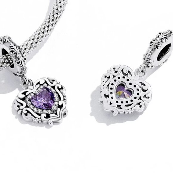 Sterling Silver Purple Heart Scrollwork Dangle Charm - Picture 1 of 4